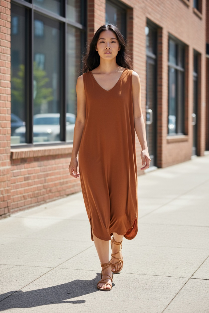 Daily Ritual Sleeveless V-Neck Midi Tank Dress. Comes in Blue, Black, Grey, Rust